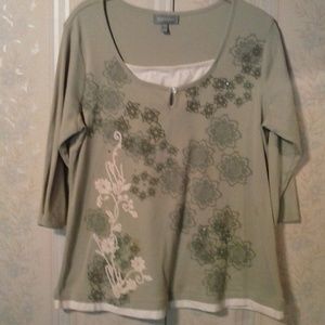 SOLD ~ ESSENTIALS SEQUINS 3/4 SLEEVE GREEN/WHITE LAYERED LOOK TOP